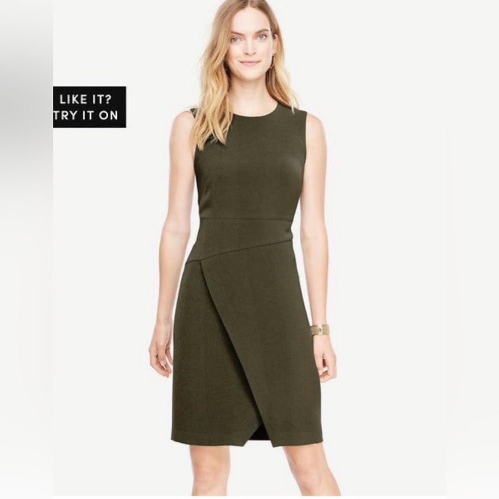 Ann Taylor Olive Green Faux Wrap Sheath Asymmetrical Mini Dress Women’s 6